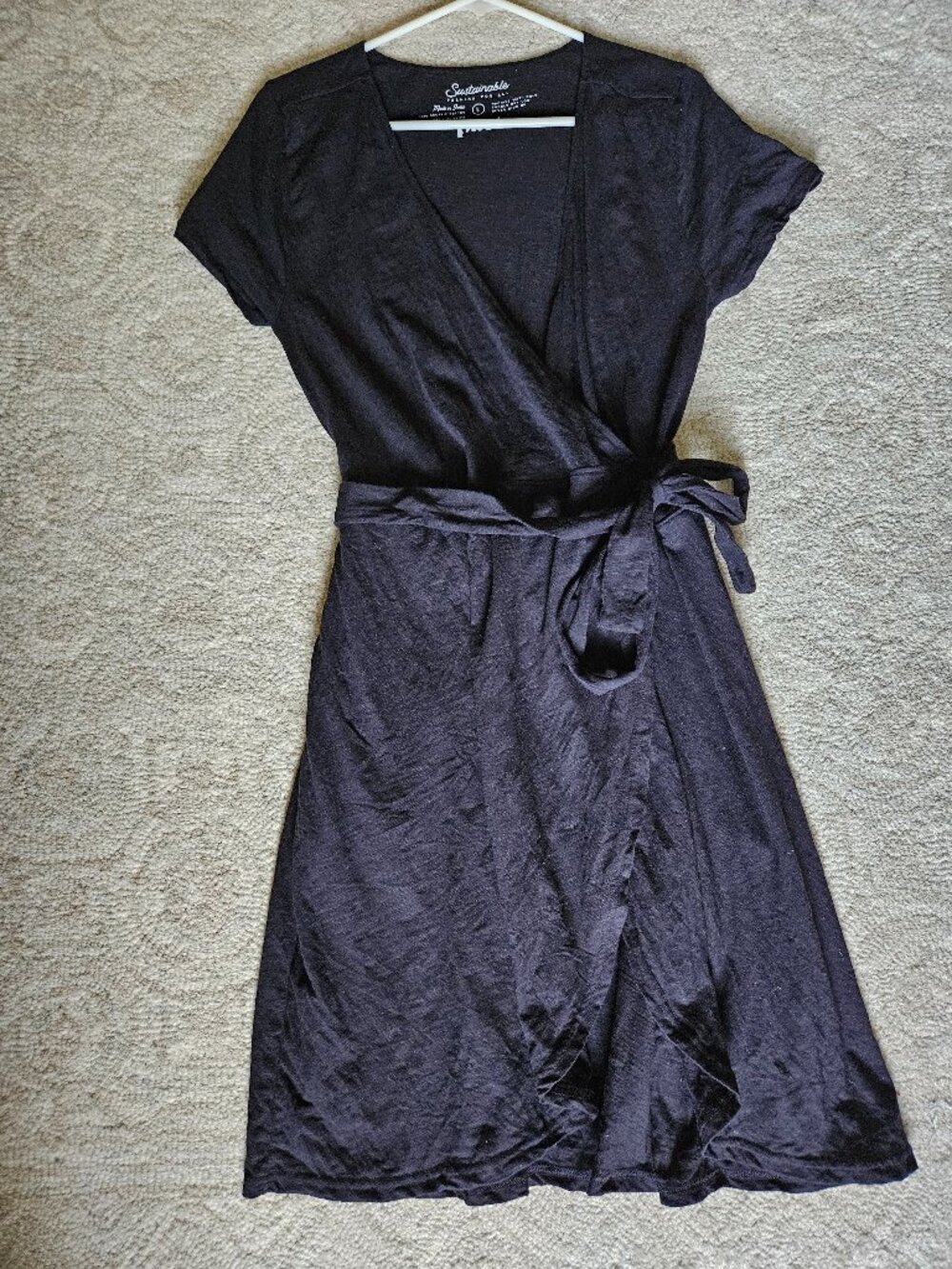 Pact Organic Wrap Dress Black Large L Short Sleeves Cotton Casual Minimalist - Picture 1 of 6